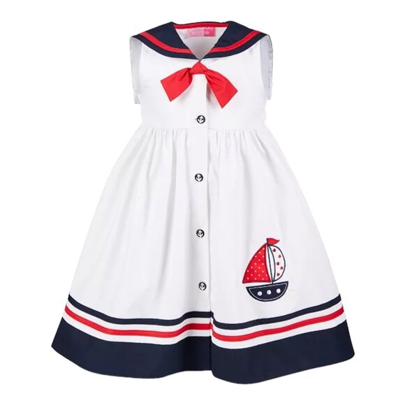 NWT $58 Good Lad 18m Girl Sailors Dress White Poplin Nautical Sailboat Applique
